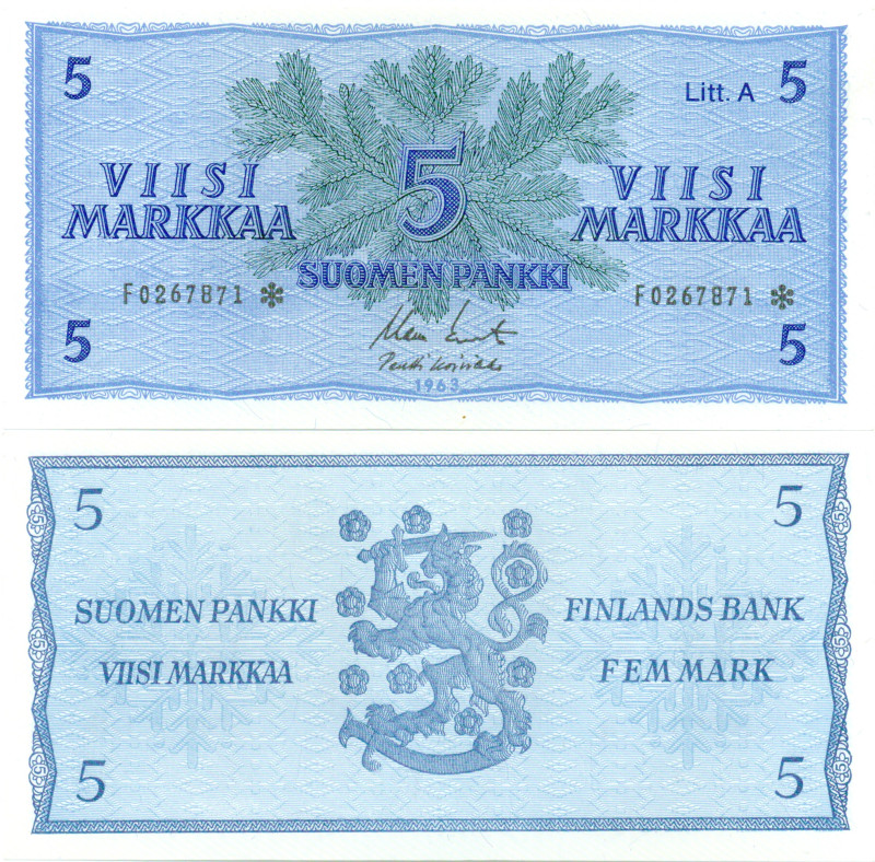 5 Markkaa 1963 Litt.A F0267871* kl.8-9